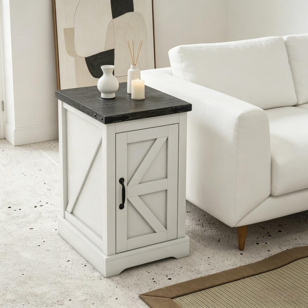Distressed White Farmhouse End Table with AC Outlets & USB Ports, 2-Tier Storage Cabinet with Barn Door, Anti-Tipping Rustic Side Table for Living Room Bedroom