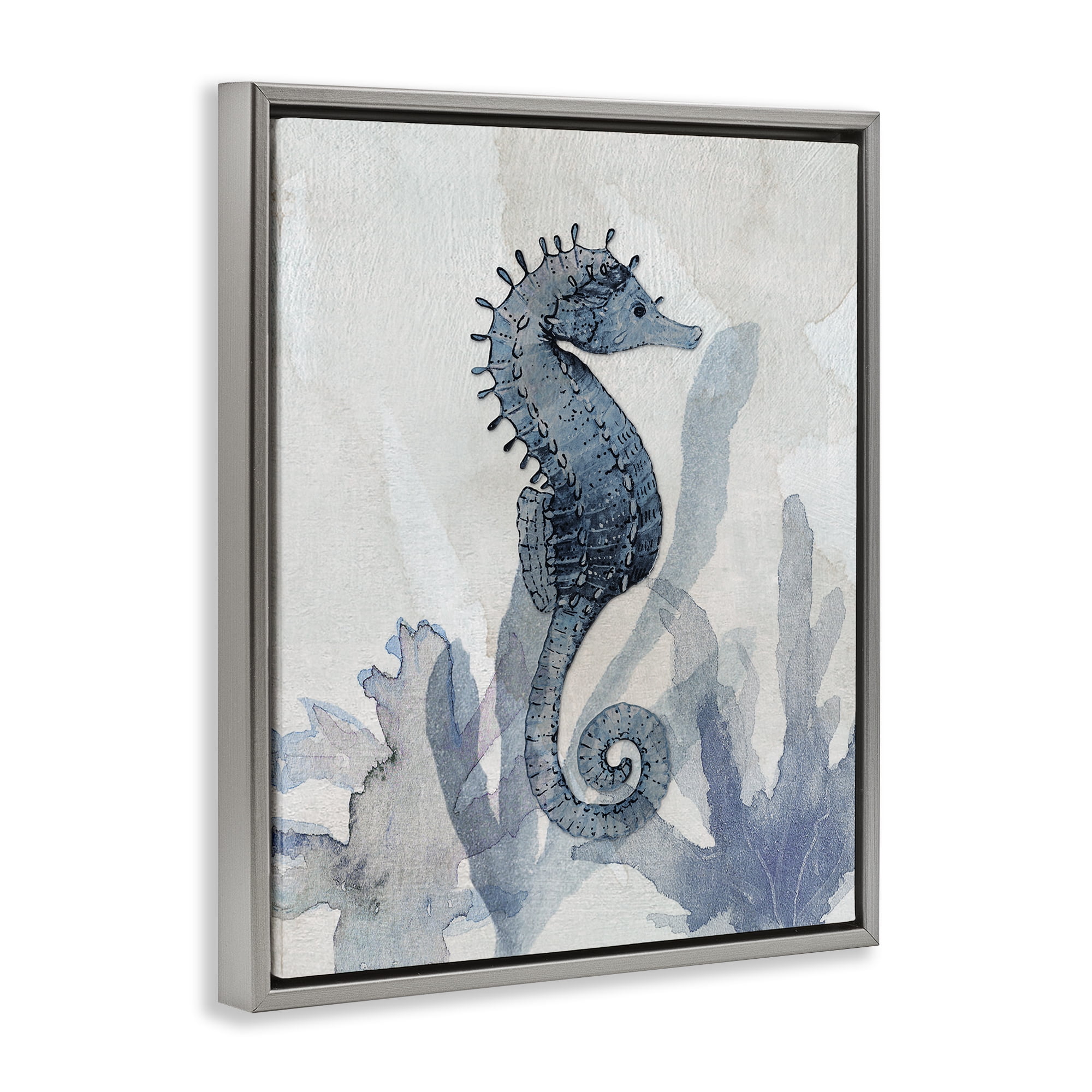 Stupell Industries Seahorse & Seaweed Impressions Gray Framed Floater Canvas Wall Art, design by Susan Jill