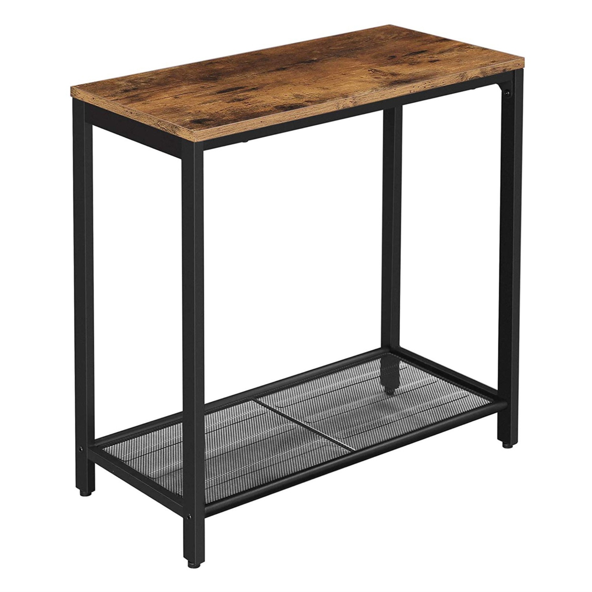 Industrial Wood and Metal Side Table with Open Mesh Shelf, Brown and