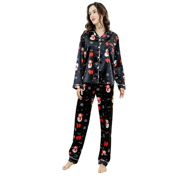 Afdoent Pajamas For Women Set Women Christmas Snowman Candy Printed Autumn Winter Comfortable Casual Home Clothes Long Sleeve Lapel Trousers Pajama Set Comfy