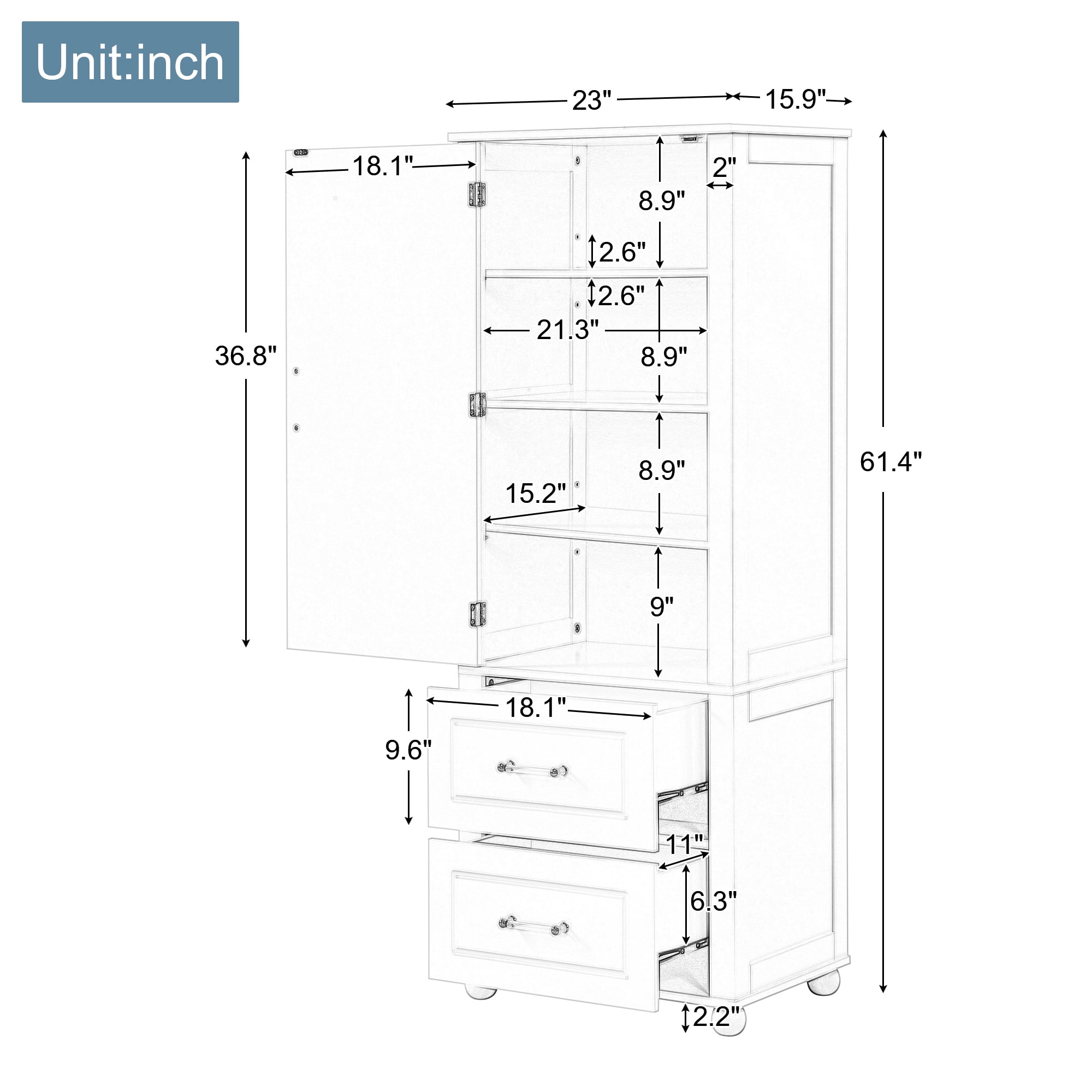 EUROCO 61.4'' Tall Bathroom Storage Cabinet, MDF Board Floor Storage Cabinet with Door, 2 Drawers and Adjustable Shelf, Freestanding Cabinet with Painted Finish for Bathroom, Living Room, White