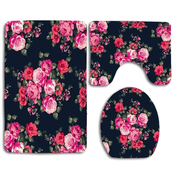 GOHAO Bright Pink Rose 3 Piece Bathroom Rugs Set Bath Rug Contour Mat