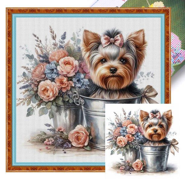 Kit Punto Cruz Con Perro Hilo Algodón Ecológico Bordado 14CT 40x40cm