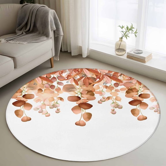 Burnt Orange Botanical Round Area Rug 4 FT, Non Slip Indoor Outdoor Rug, Eucalyptus Leaves Pastoral Floral Washable Soft Circular Carpet Non-Shedding Floor Mat for Coffee Table Nursery Foyer Balcony