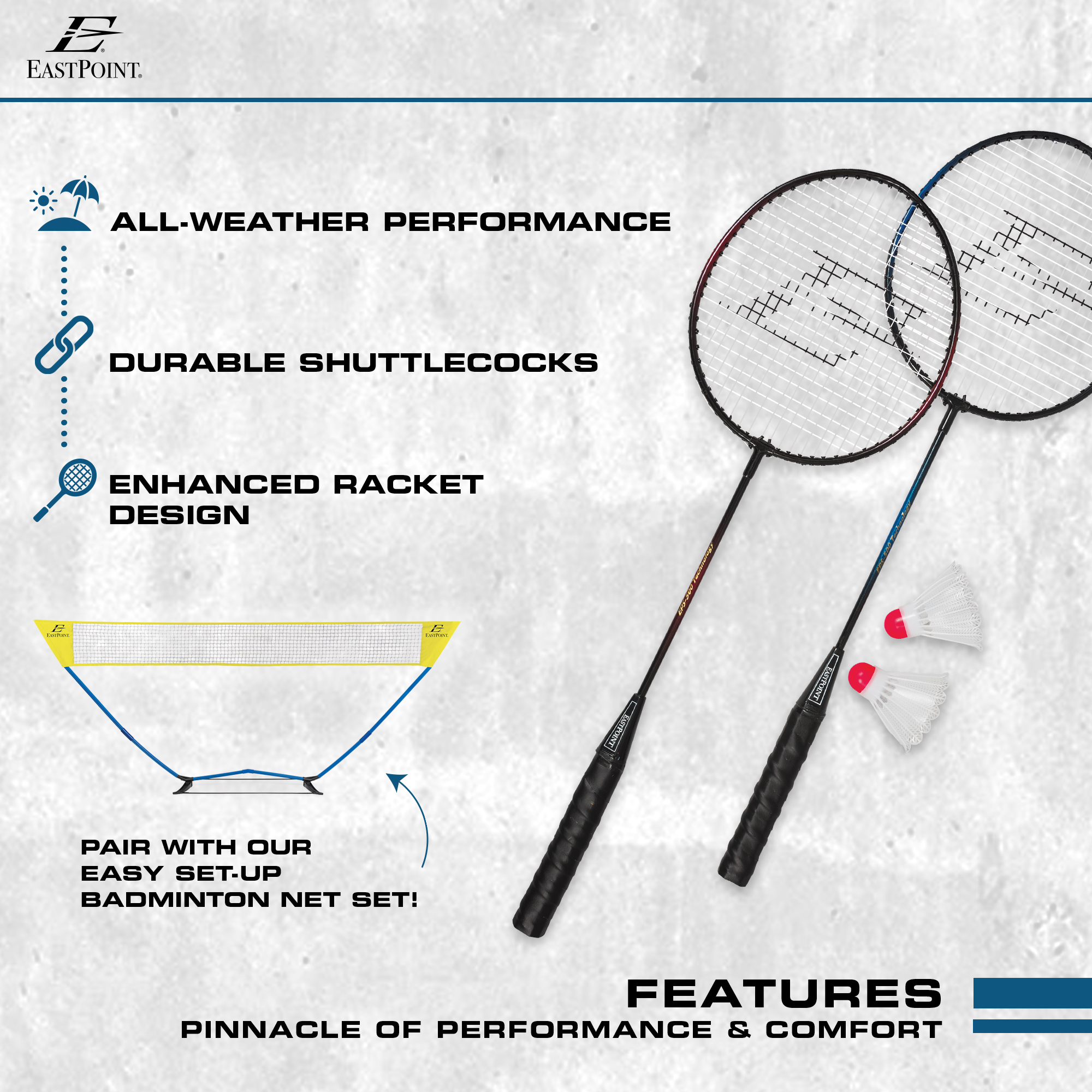 EastPoint Sports 2 Player Badminton Racket Set; Contains 2 Rackets with Tempered Steel Shafts, Comfort Handles and 2 Durable, White Shuttlecock Birdies - image 3 of 7