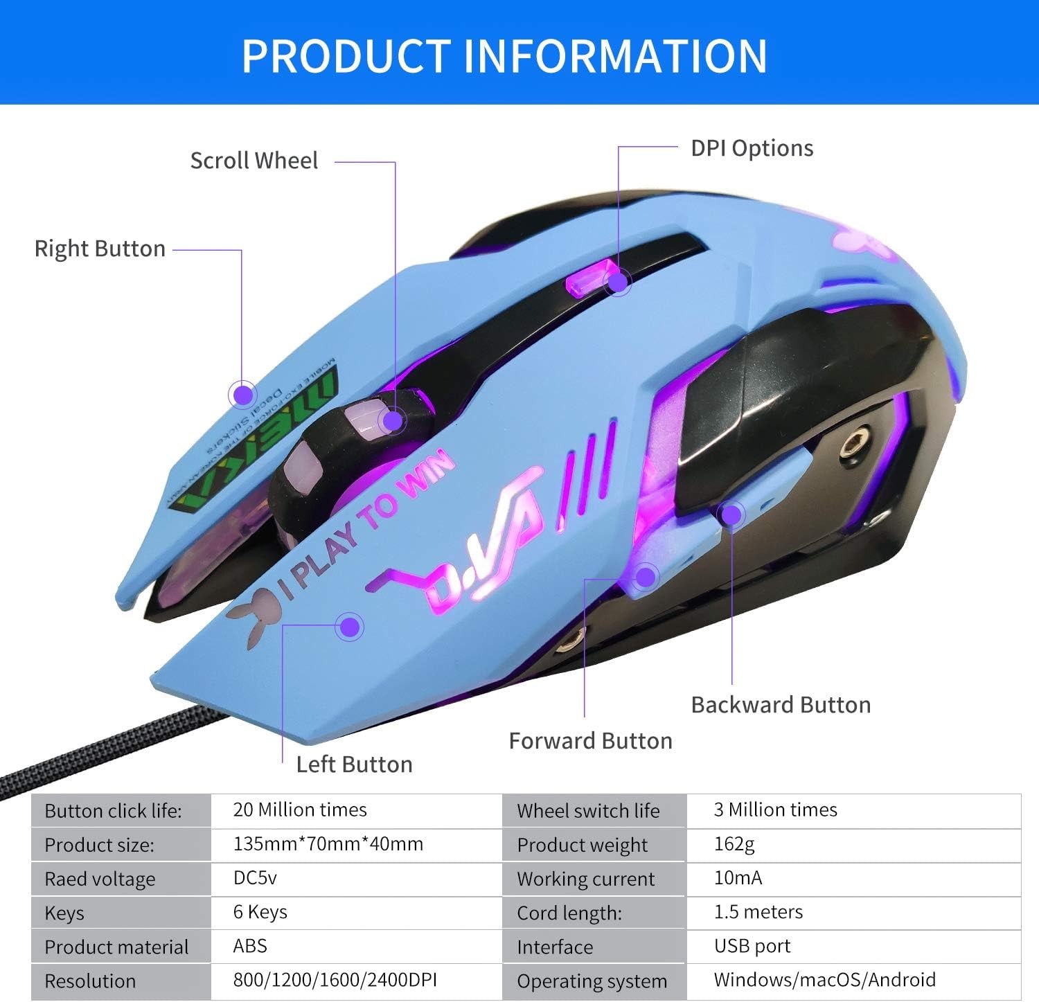 Lovely Wired USB Computer Mouse,7 Colors Backlit,Silent Buttons,3200 DPI,for MacBook,Computer PC,Laptop