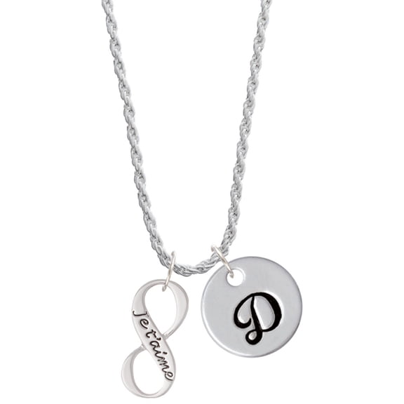 Delight Jewelry Silvertone Je T'aime Infinity Sign Silvertone Script Initial Disc - D - Charm Necklace, 20"+3"