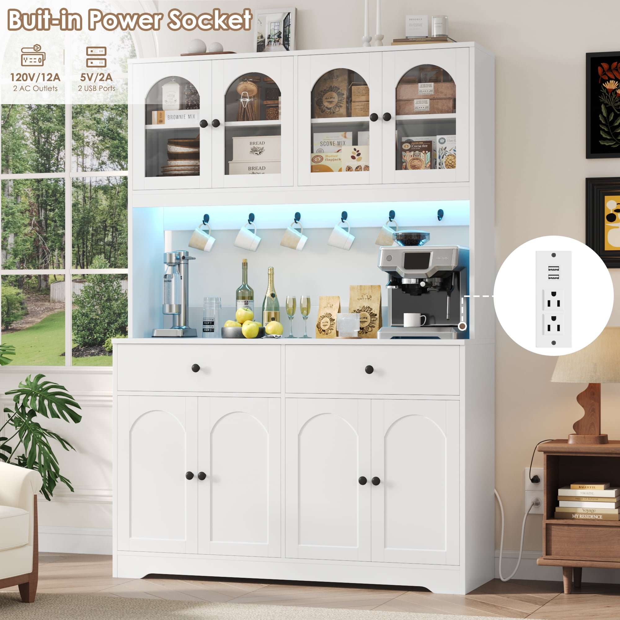 Homfa 71" Kitchen Pantry with LED Lights and Charging Station, Freestanding Kitchen Cupboard with Storage and Microwave Stand, Floor Cabinet for Dining Living Room, White