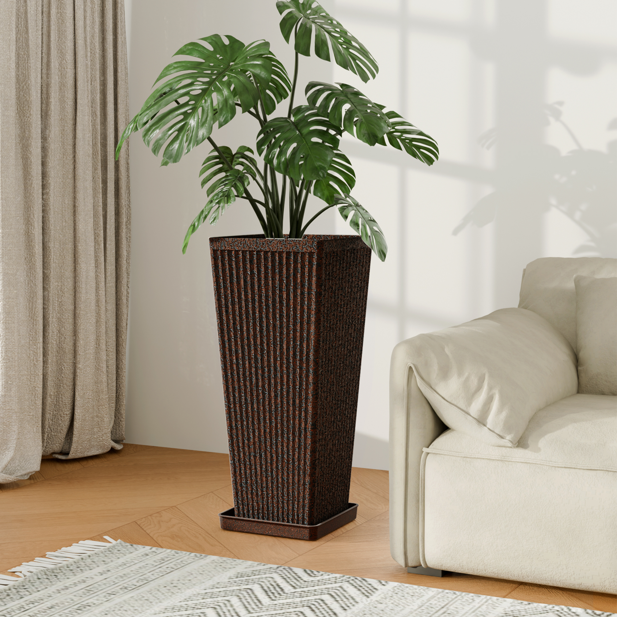 Chiccushion 23.6 inch Tall Planter Set of 2, Large Plastic Round Planter for Outdoor Indoor Garden Patio Front Door, Brown