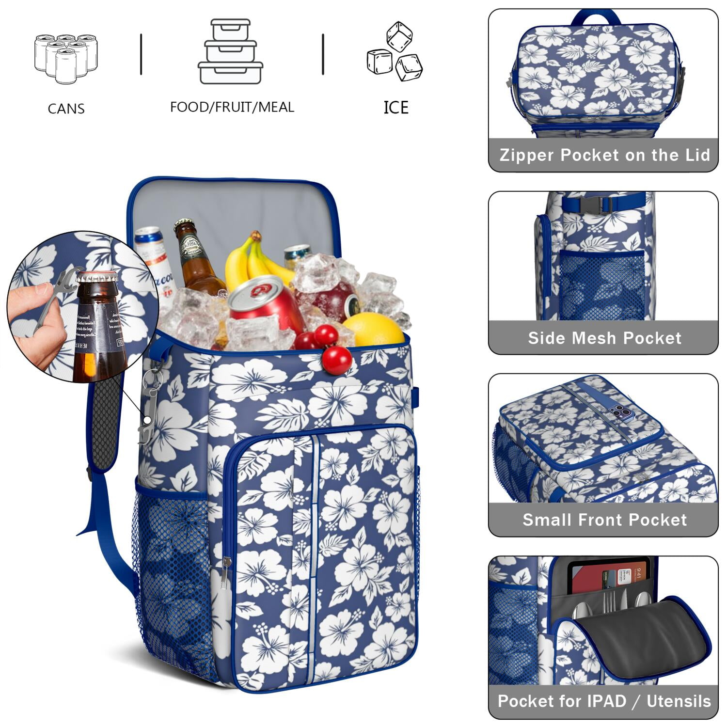 Travel Cooler Bag - Pioneer Flower Floral Print Pattern Camping Beer Cooler Backpack with Bottle Opener- Waterproof Insulated Picnic Backpacks - Cooler Bag for Beach