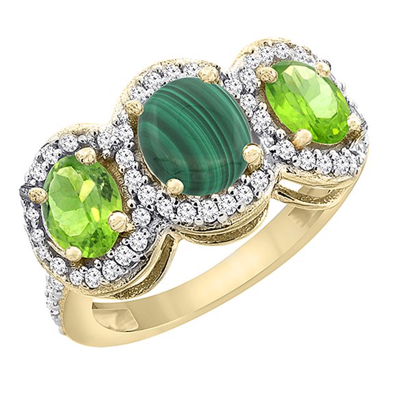 14K Yellow Gold Natural Malachite & Peridot 3-Stone Ring Oval Diamond Accent, size 5