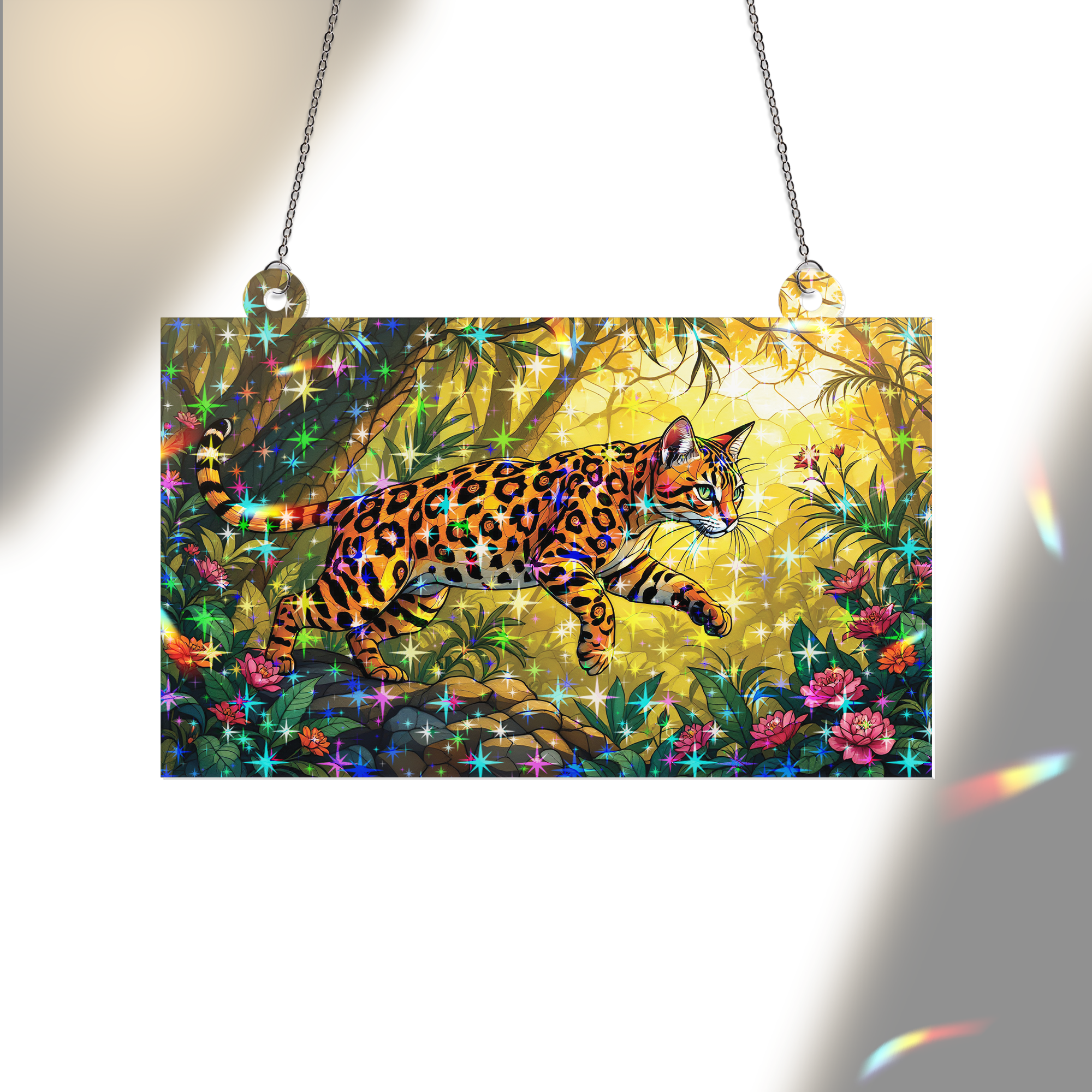 89Bloom Bengal Cat Stained Glass Hologram Ornament, Stained Glass Suncatcher Ornaments Home Decor, Holographic Ornaments