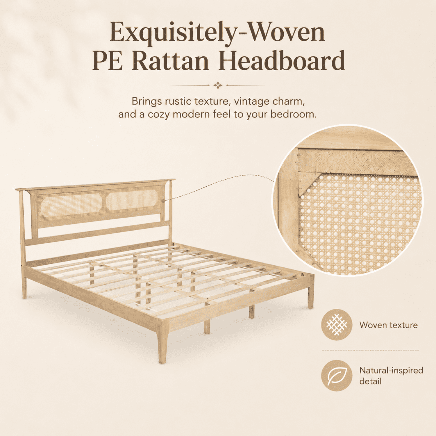 Miniyam King Bed Frame with PE Rattan Headboard, Pine Platform Bed, Natural