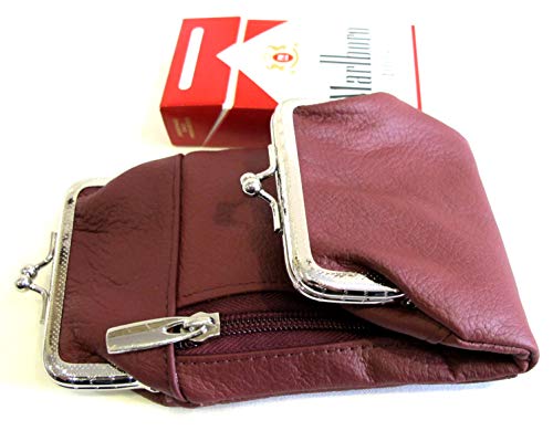Women's - Leather Cigarette Case Coin Purse Double Twist Clasp Closure Zipper Pocket- Burgundy