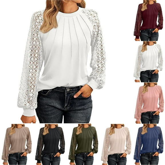 Women Long Sleeve Shirts Fall Lace Tops Fashion Round Neck Sweaters Dressy Casual Winter Tunic Blouse Trendy Women's Solid Color Long Sleeved Lace Patchwork Casual Fall Top Round Neck Top