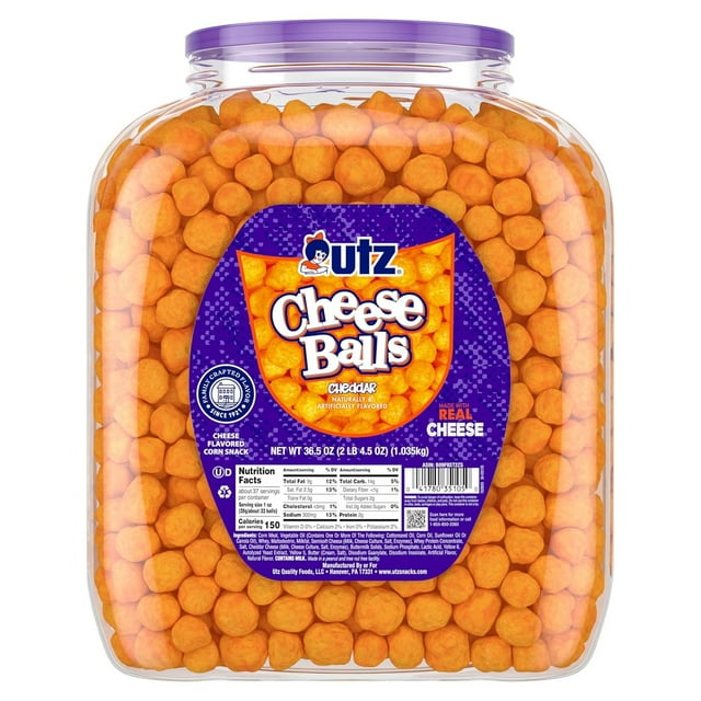 Cheese Balls Barrel, Tasty Snack Baked with Real Cheddar Cheese, Delightfully Poppable Party Snack, Gluten, Cholesterol and Trans-Fat Free, Kosher Certified, 36.5 Oz