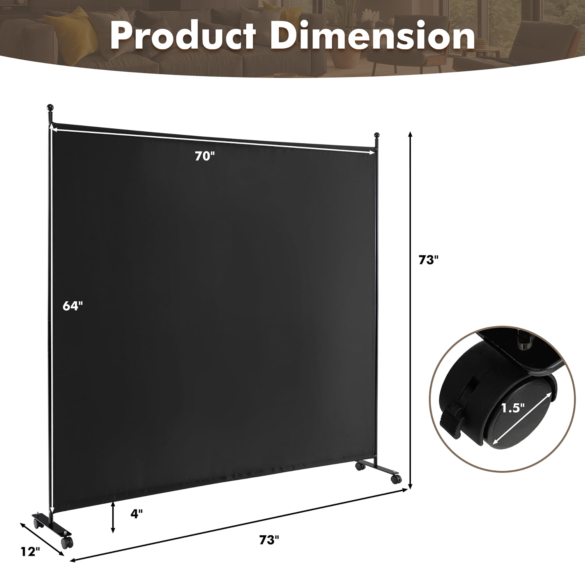 Costway 6FT Single Panel Room Divider with Wheels Rolling Fabric Partition Privacy Screen Black
