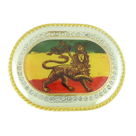 Lion of Judah Flag Multicolored Bling Mirror Finished Silver Gold Rhinestones Belt Buckle Reggae