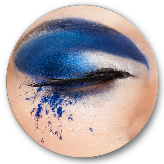 Designart 'Closed Woman Eye With Blue Fantasy Make Up' Modern Circle Metal Wall Art 36x36 - Disc of 36