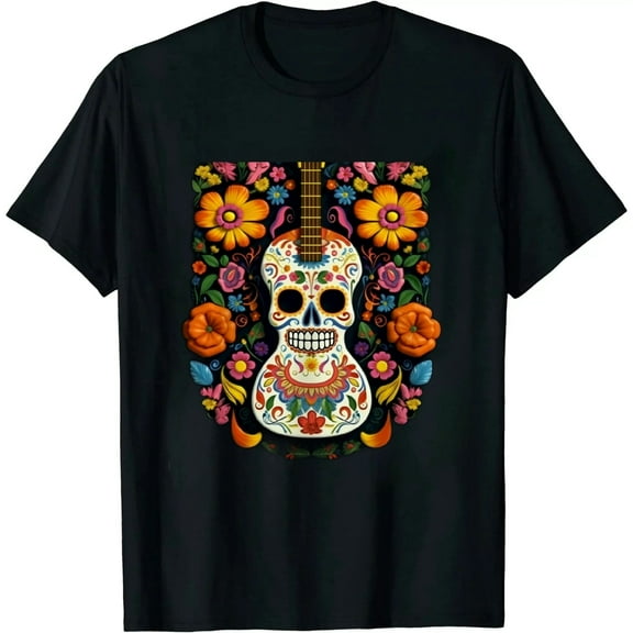 JRXY Flower Guitar Skull Day of the Dead T-Shirt Gifts Mariachi Black