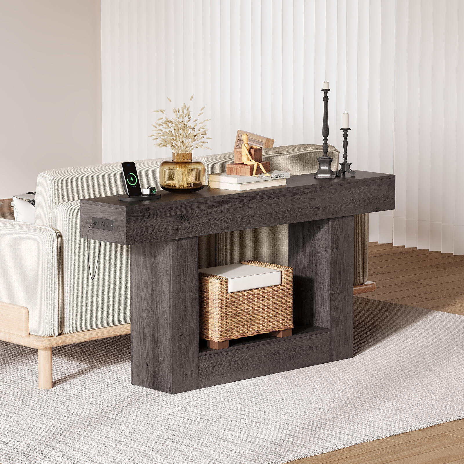 63 Inch Long Console Table with Charging Station, 2-Tier Narrow Entryway Table with USB c Ports & AC Outlets, Farmhouse Sofa Table Behind Couch for Living Room, Hallway, Gray