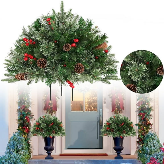 Pre-Lit Christmas Tree Urn Filler – Artificial Evergreen Holiday Decoration with LED Lights, Pinecones & Berries, Indoor Outdoor Festive Planter Accent