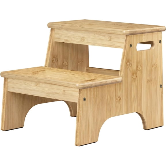 Wooden Bathroom Step Stool for Toddlers, Heavy Duty Kids 2 Step Stool for Bathroom Sink Kitchen Counter, Bamboo Wood Non-Slip Baby Children Potty Stepping Stool Seat with Handles for Toilet