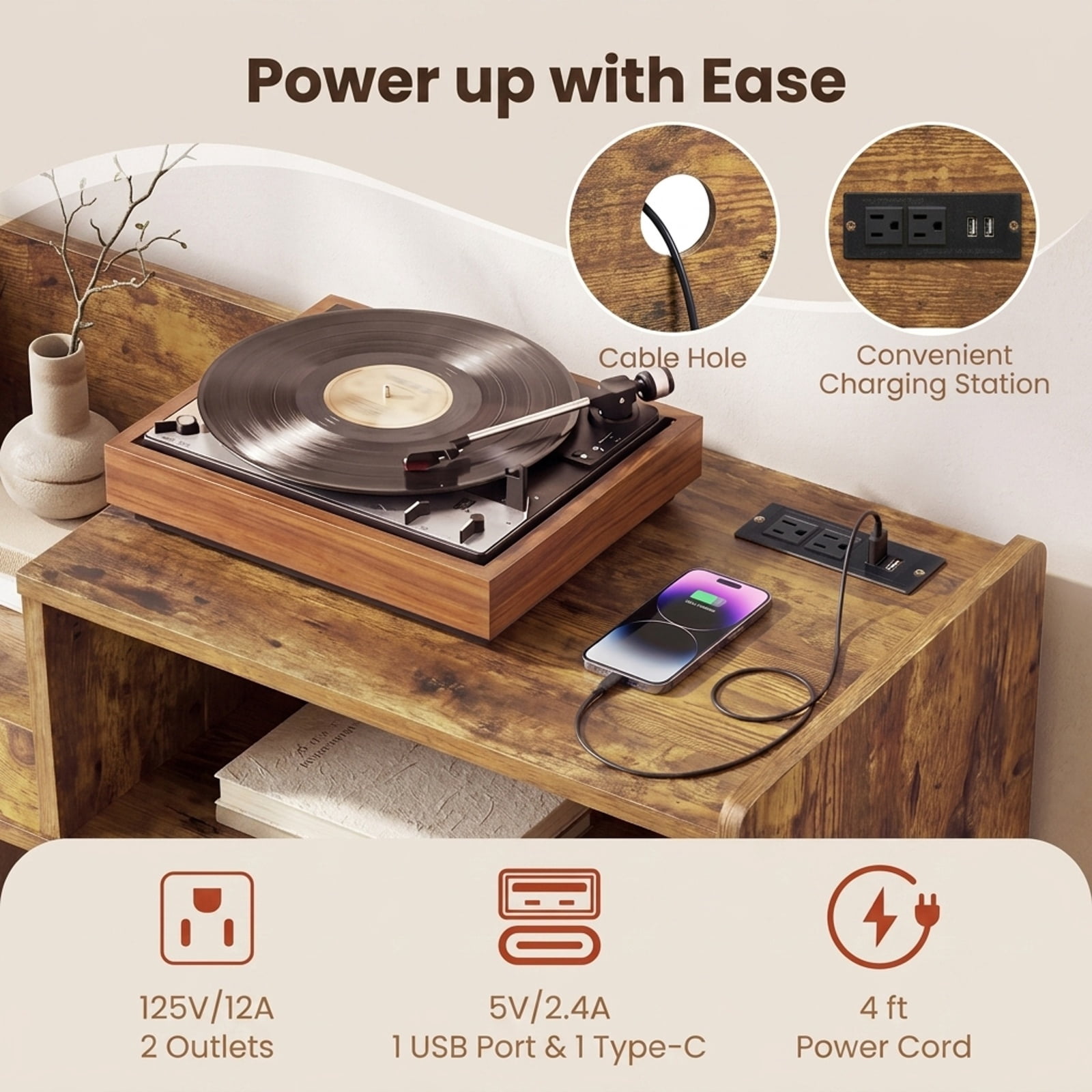 Furnibear Record Player Stand with RGB LED Light Power Outlets USB Type-C Ports and Sliding Glass Door for Living Room, Rustic Brown