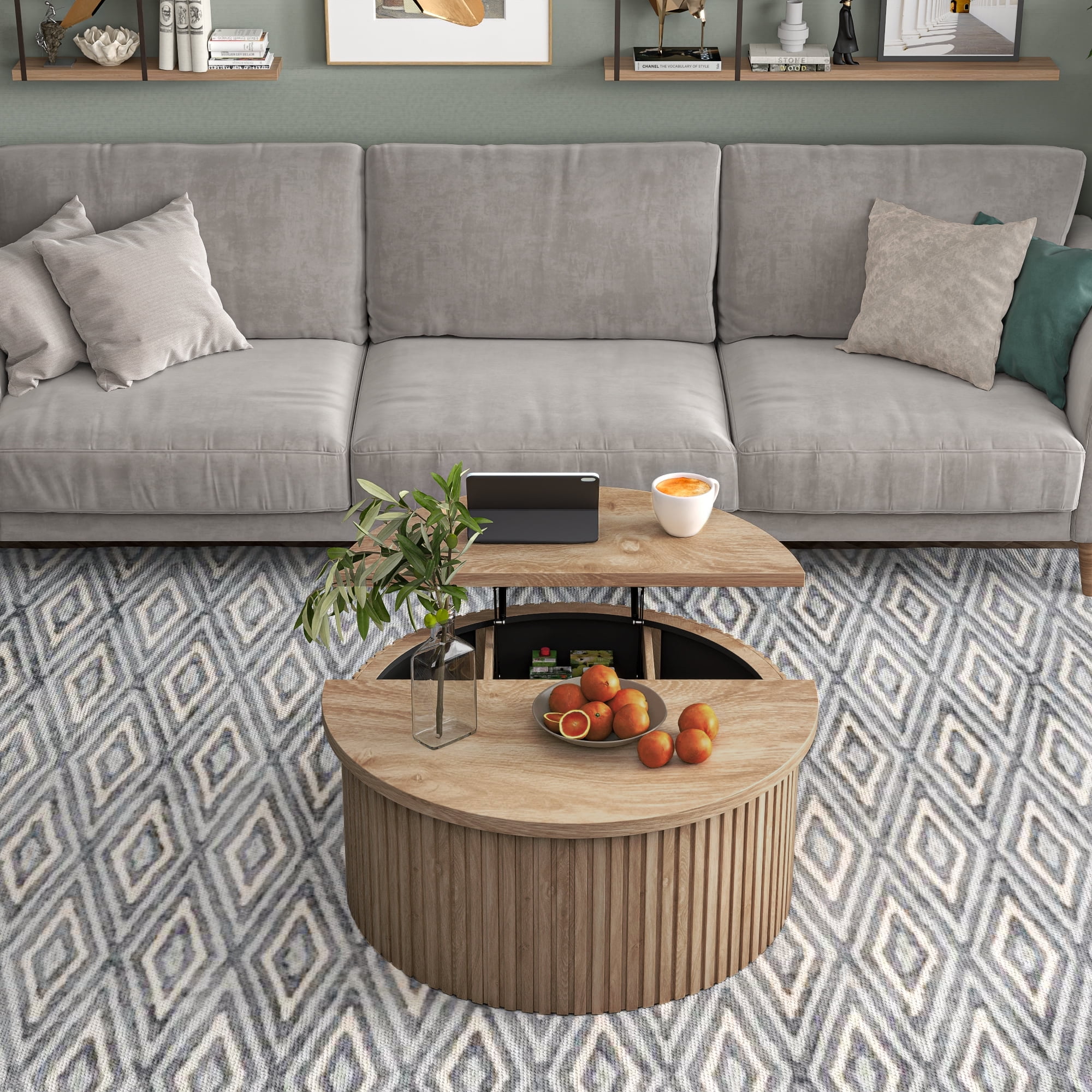 Round Coffee Tables for Living Room, Lift Top Coffee Table with Storage, Round Wood Center Table