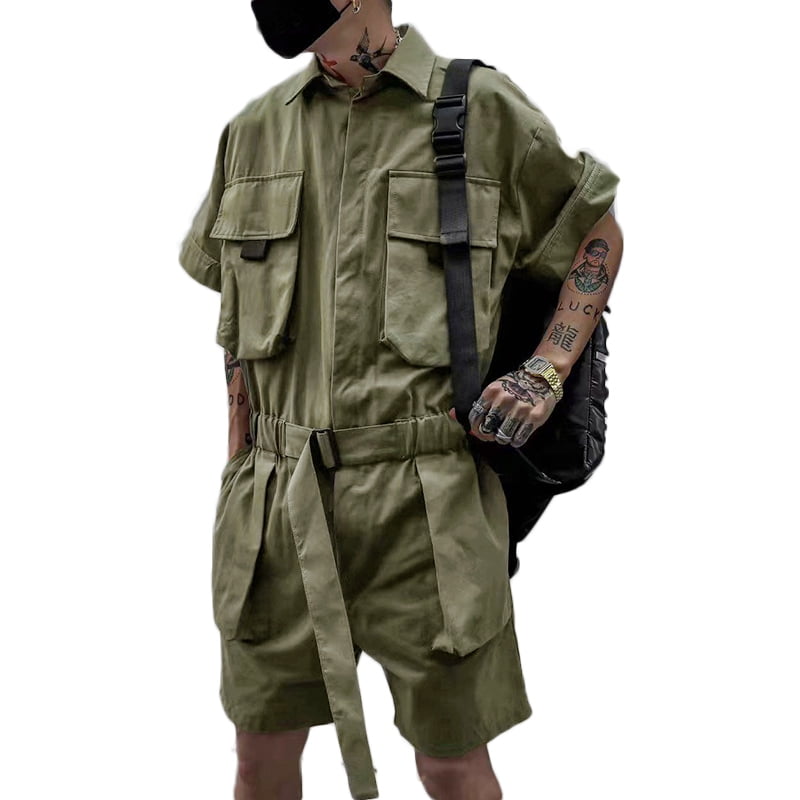 Mens Cargo Loose Jumpsuit Overalls Short Sleeve Lapel Palysuit Dungarees Shorts 