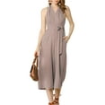 thumbnail image 6 of MODA NOVA Juniors Sleeveless Low Open Back Tile Print Halter Neckline Tie Waist Jumpsuit XS Khaki, 6 of 7