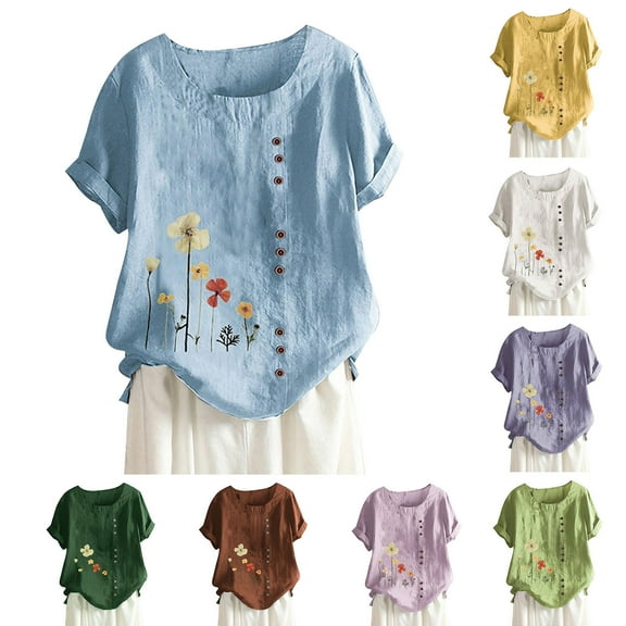 Fesfesfes Gym Tops Women's Summer Casual Round Neck Short Sleeve Flower Printing Loose Shirt TopsDMM-Y4448 T Shirts for Women XL(US:10)