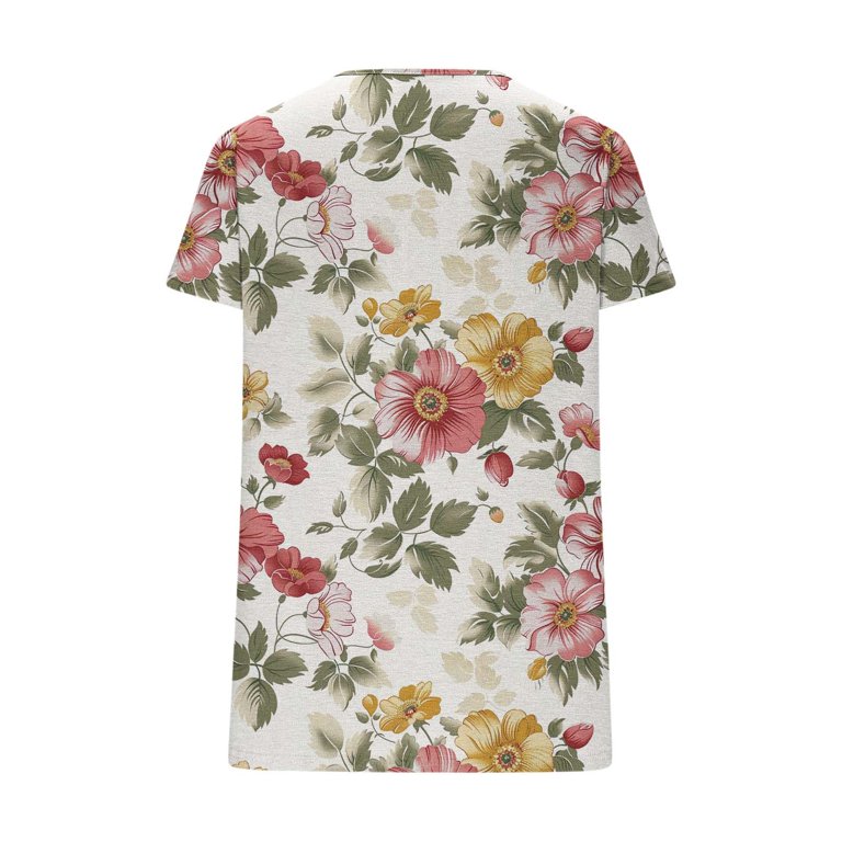 Anyally Women's Plus Size Chiffon Blouse - V-Neck Short Sleeve Tunic Top With Petal Sleeves (Light Beige & Black Flower, XL)