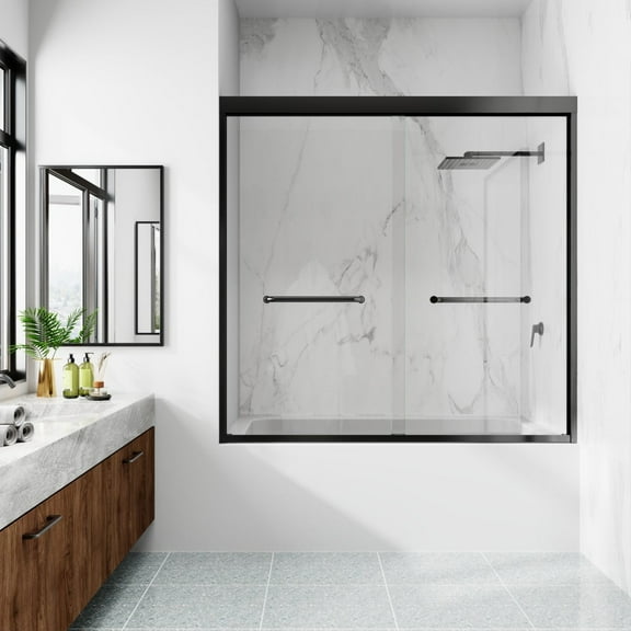 Glide-Bpro 58-60 in. Framed Double Sliding Tub Door,Bypass Bathtub Shower Tempered Glass Door,Matte Black,Explosion-Proof Film