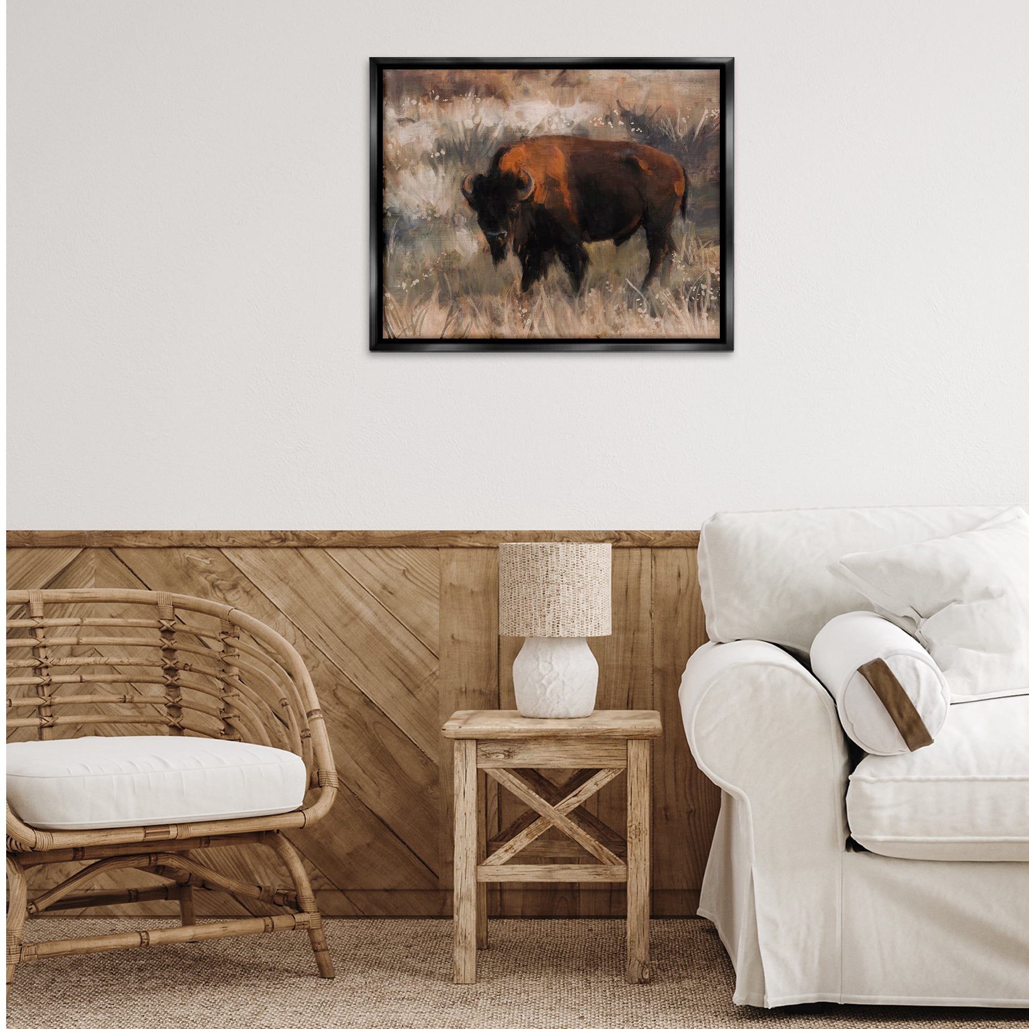 Stupell Industries Traditional Bison Range Animals & Insects Painting Black Floater Framed Canvas Art Print Wall Art, 31 x 25