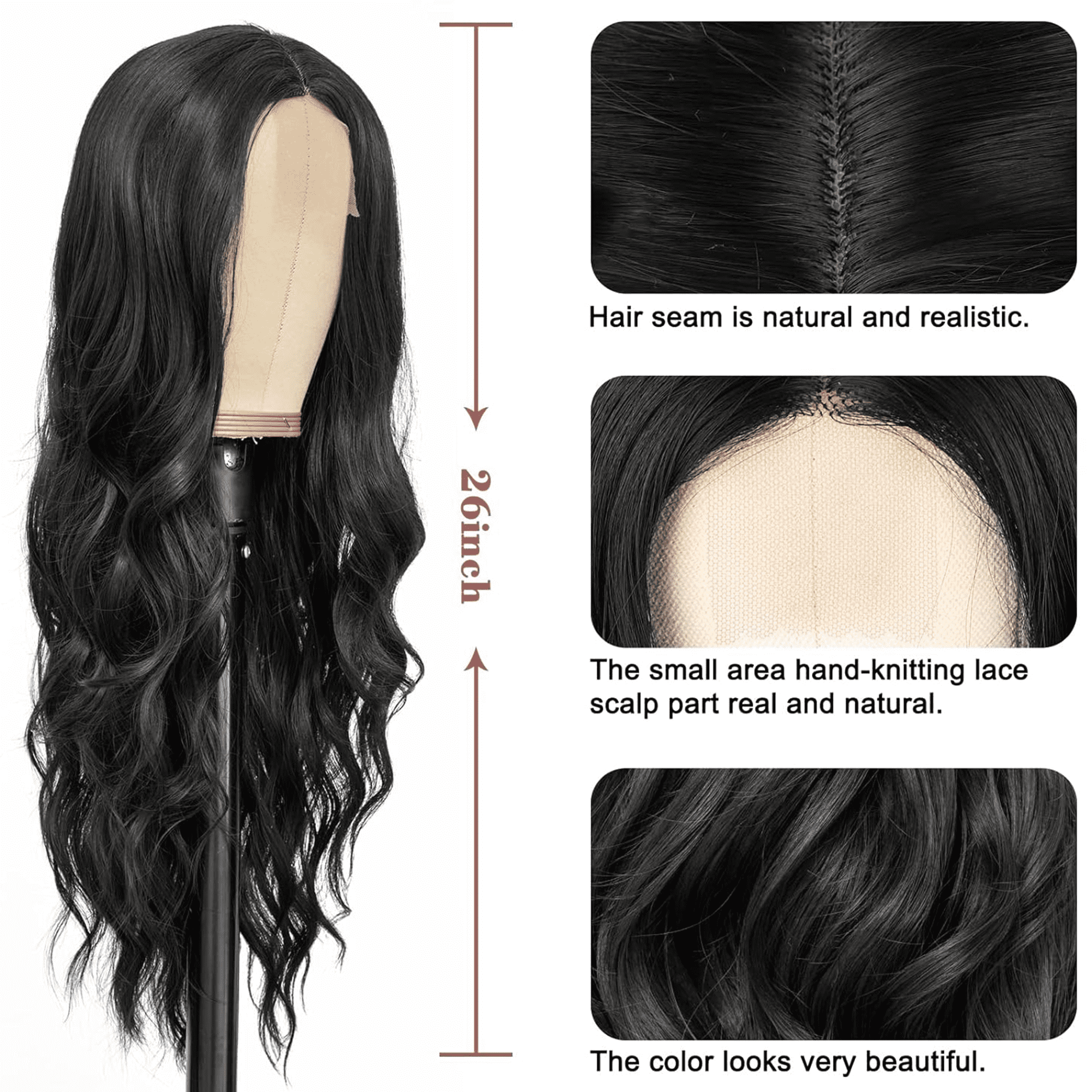 Morovan 26 Inch Long Deep Wave Black Wig for Women, Lace Front Synthetic Curly Wig, Heat Resistant Fiber, Natural Full Look