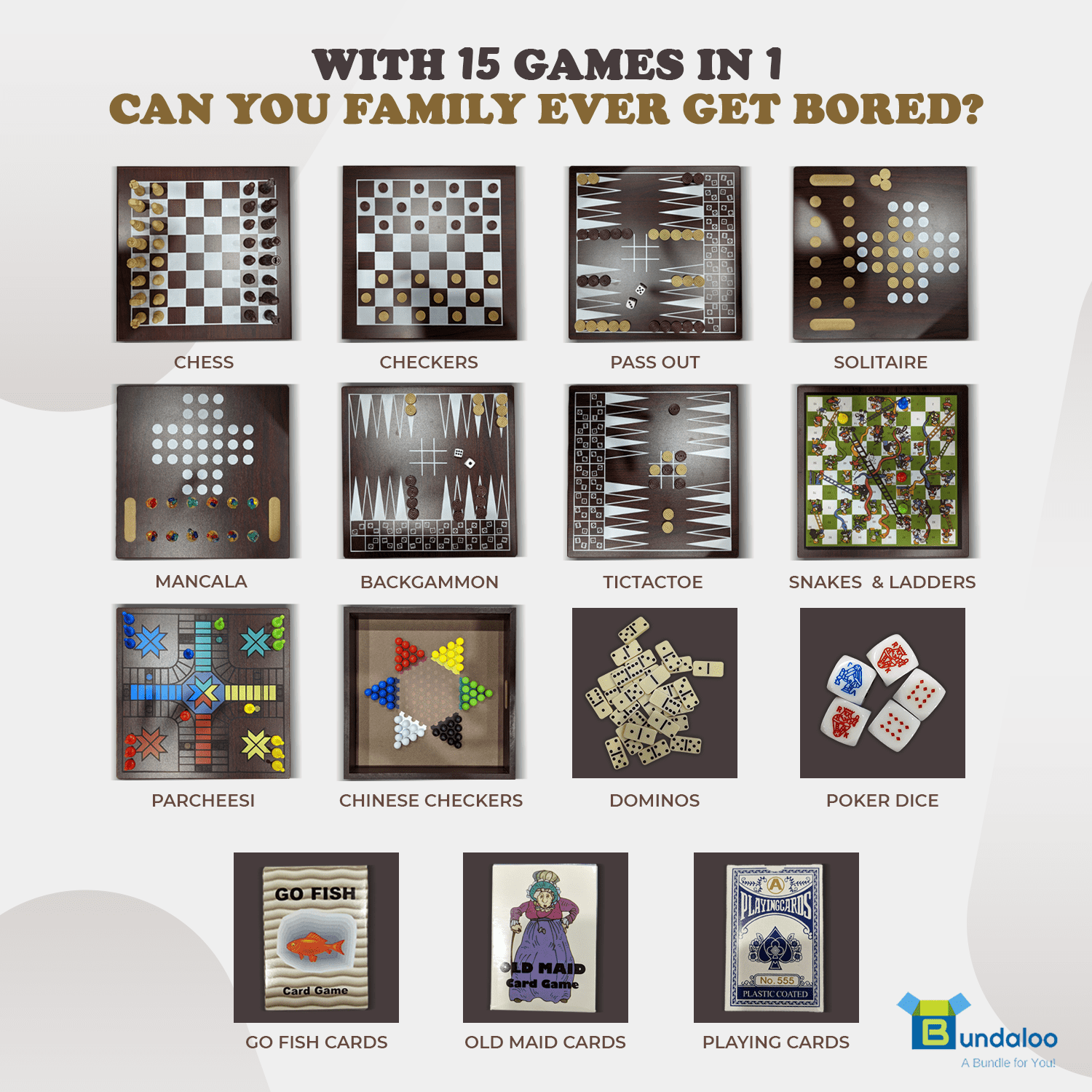 Bundaloo 15-in-1 Classic Wooden Board Game Set – Chess, Checkers, Backgammon, and More – Premium Multi-Game Collection with Built-in Storage