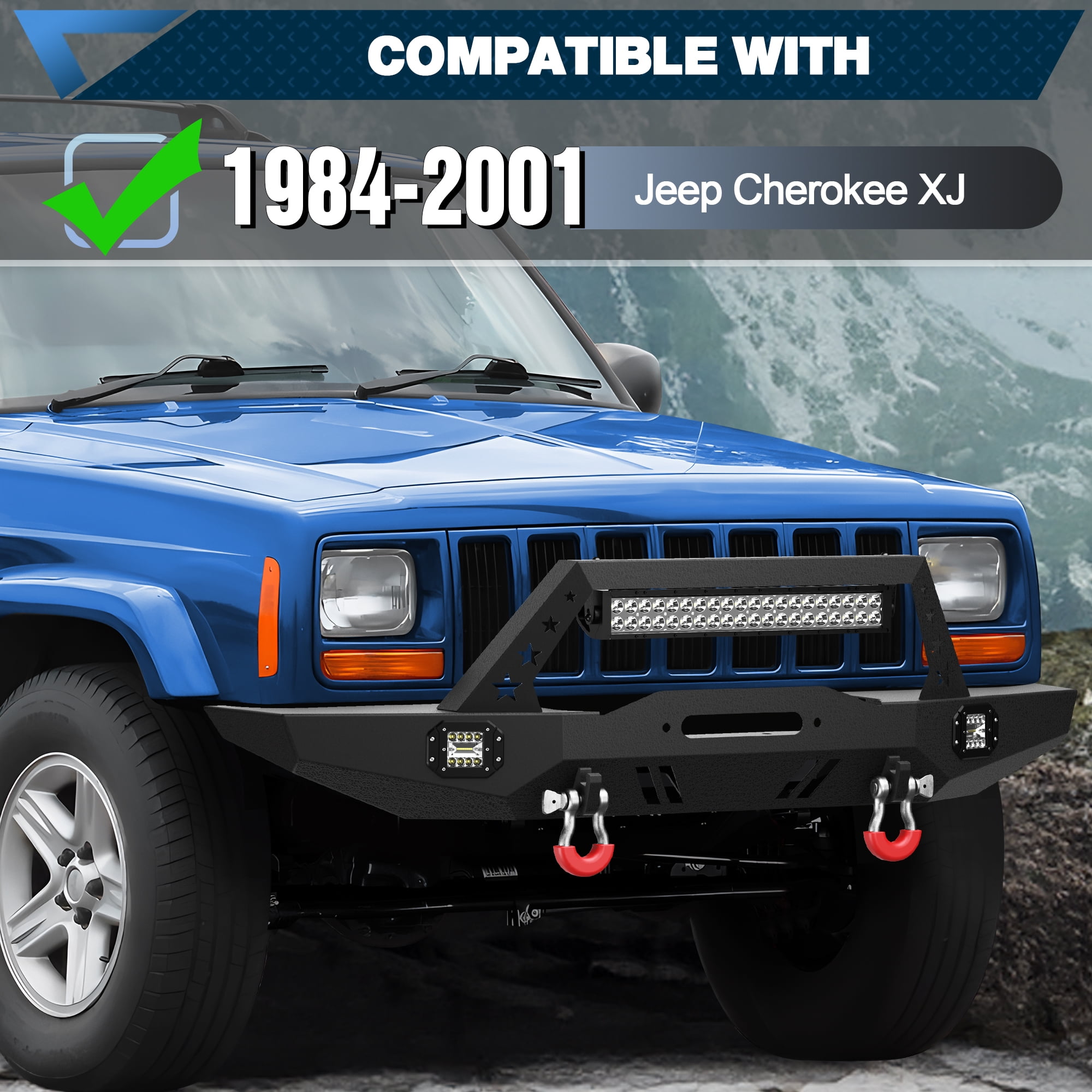 POFENZE For Jeep XJ Front Bumper Compatible with 1984-2001 Jeep Cherokee XJ with Winch Plate and Lights