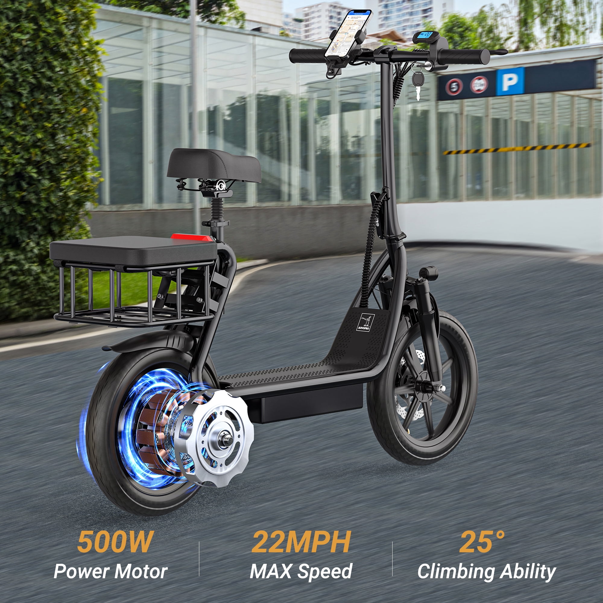 AOVOPRO ESBS 500W 14 inch Commuter Electric Scooter with Seat &Carry Basket for Adult-Up to 28 Miles 21MPH