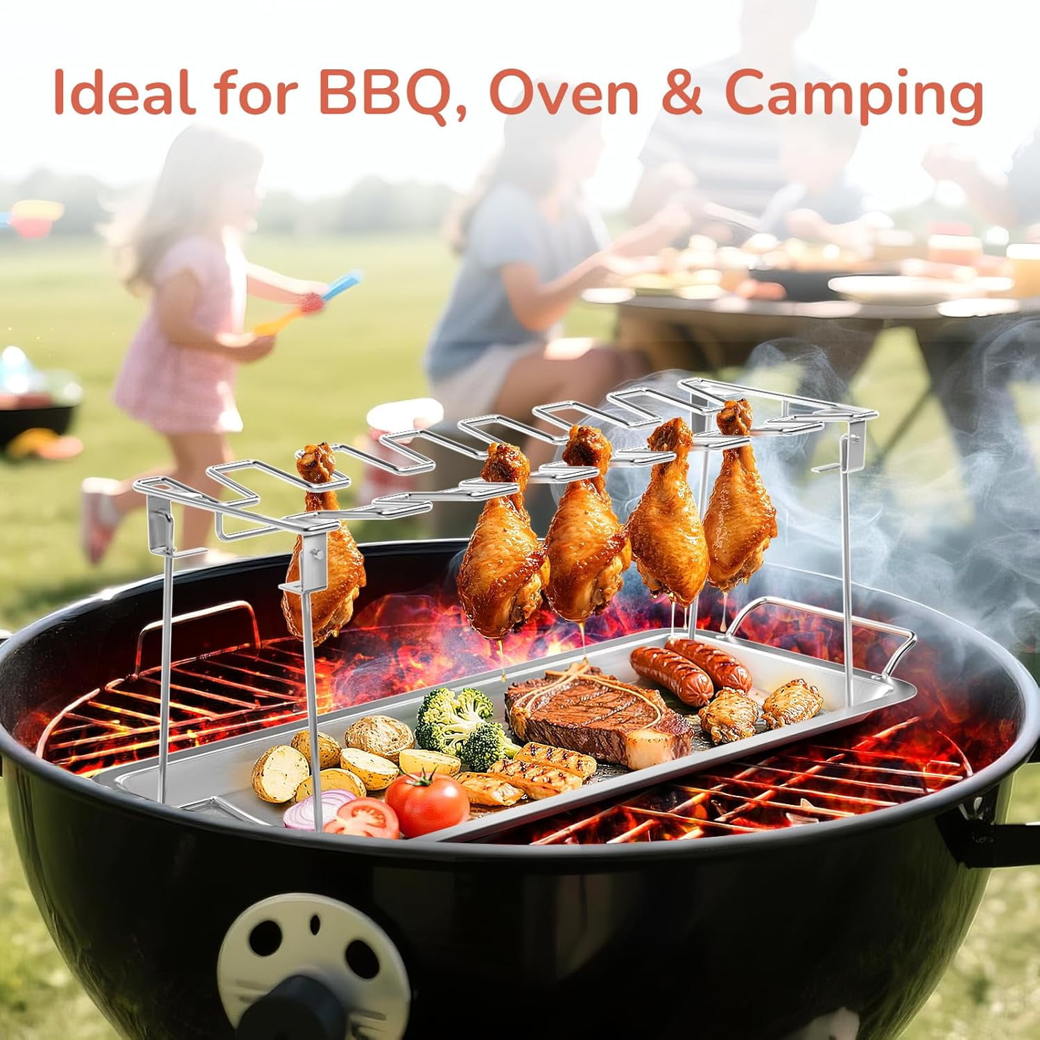14-Slot Chicken Leg Rack for Grill & Wings - Premium Stainless Steel Foldable Roasting Rack with Detachable Drip Pan, Dishwasher-Safe BBQ Accessories for Oven, Grill, Camping, Parties