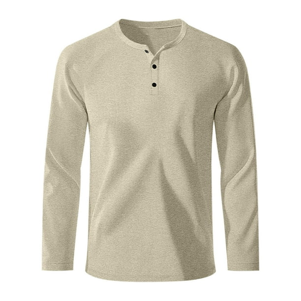 Blusas y camisas de manga larga con cuello redondo para hombre, color liso, informales, a la moda, con botones, cuello redondo, manga larga, blusa de poliéster para hombre