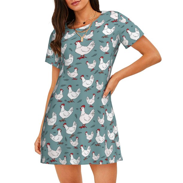 Fotbe Farm Birds Bata de Dormir para Mujer con Estampado, Camisón de Algodón de Manga Corta, Ropa de Dormir Casual