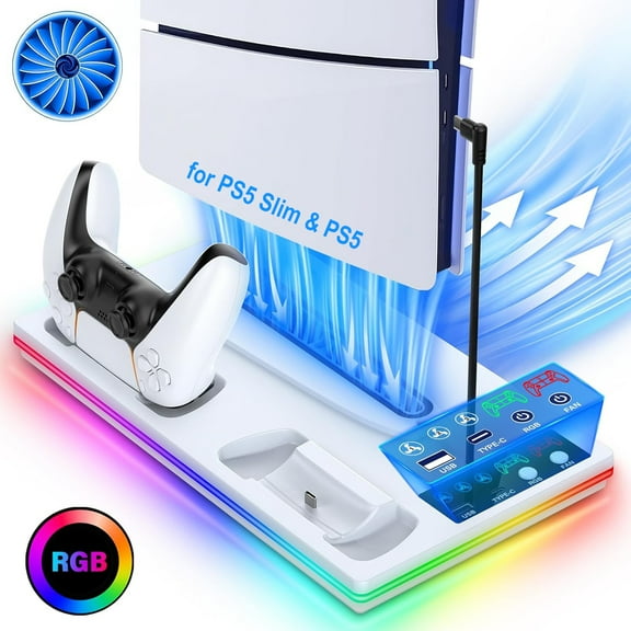 Stand and Cooling Station for PS5/PS5 Slim, with Controller Charging Station, RGB Lights PS5 Cooler Accessory Including 3-Stage Cooling Fan & USB Hub for Disc & Digital Consoles-White