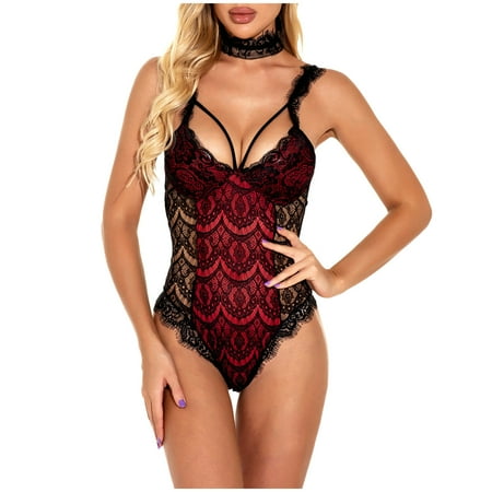

Idoravan Lingerie Set for Women Clearance Lingerie Deep V Mesh See-through Pajamas Elastic Sling One-piece