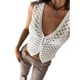 thumbnail image 3 of Gureui Women Sleeveless Short Vest Tops, Sexy V Neck Open Front Buttons Cutout Vintage Crochet Ribbed Knit Crop Tank Tops Knitwear, 3 of 8