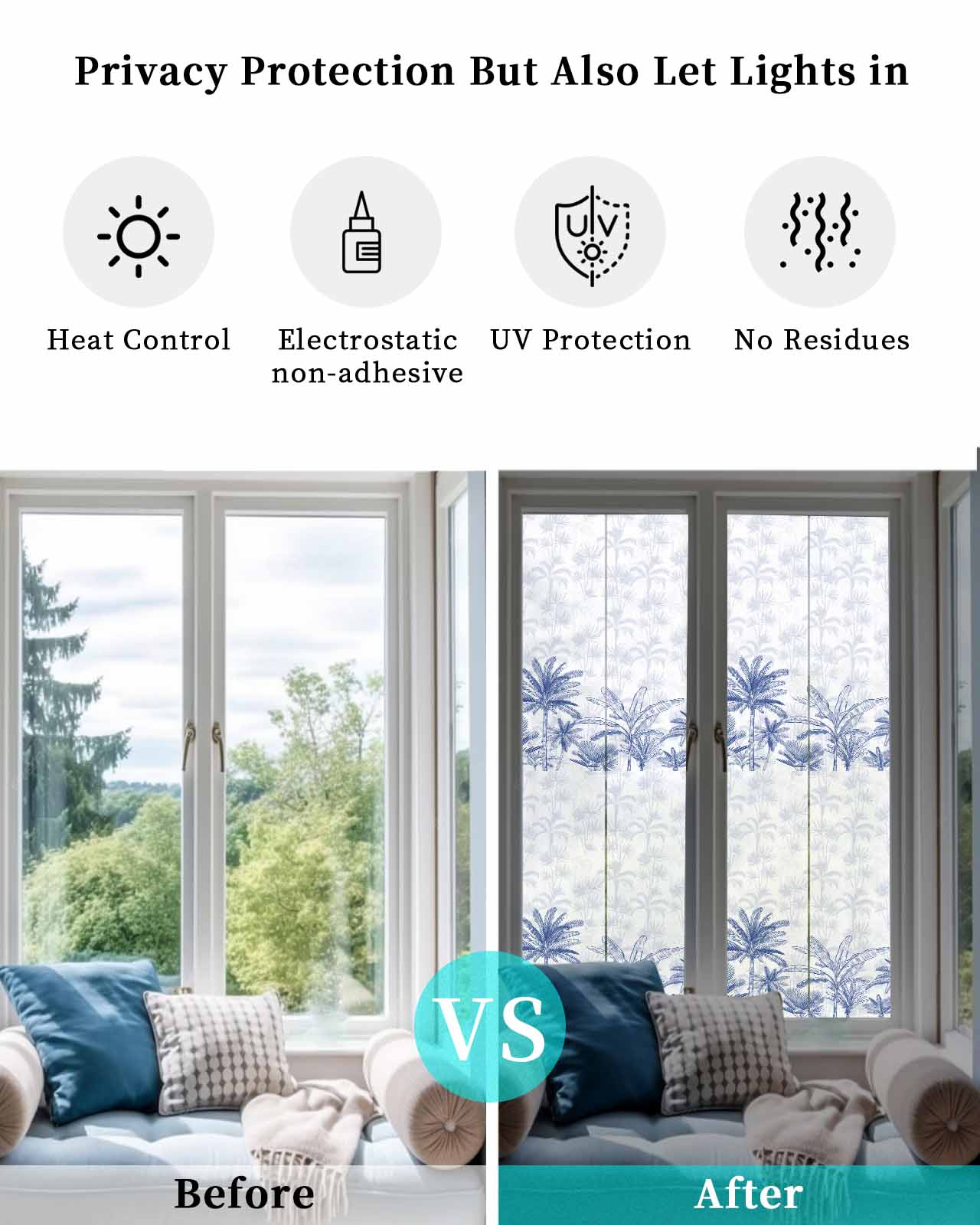 Window Privacy Film, Blue Tropical Palm Tree UV Sun Blocking Window Tint Film Heat Control One Way Blackout Window Film, Summer Botanical Monstera Plants Non Adhesive Static Cling Sticker 29.5x118 In