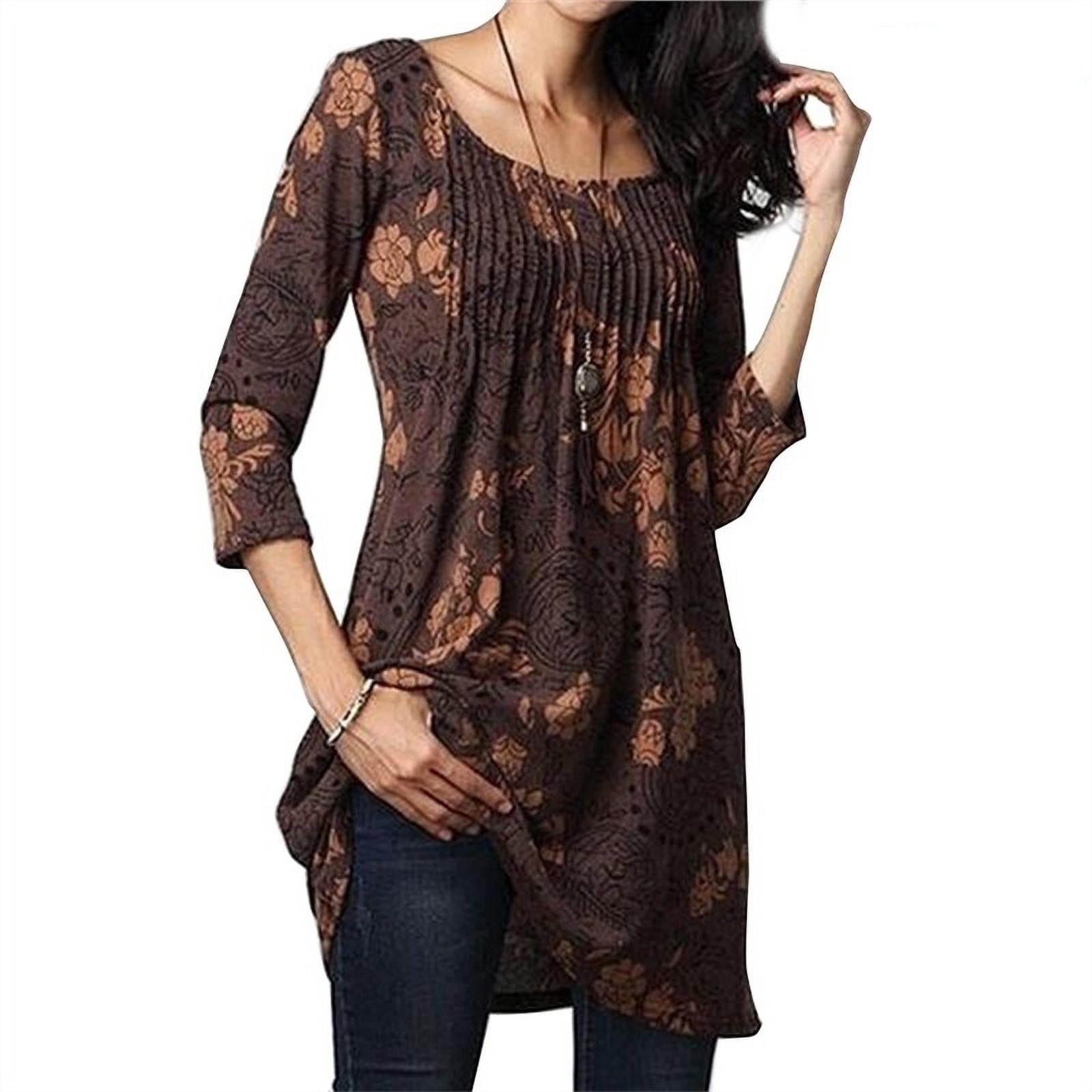 Fashion Women's Vintage Empire Waist Paisley Floral Printed 3/4 Sleeve Flared Tunic Dress Tops Plus Size S-5XL