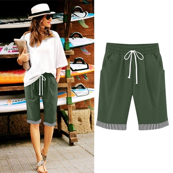 Cutuoiiu Casual Womens Bermuda Shorts Cotton Linen-Like Drawstring Closure with Striped Trim and Pockets for Summer Gift