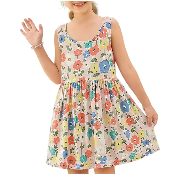 NAISIBABY Girls Sleeveless Dresses, Crewneck Summer Casual Cute Prints Kids Play Dress Pink Size 10
