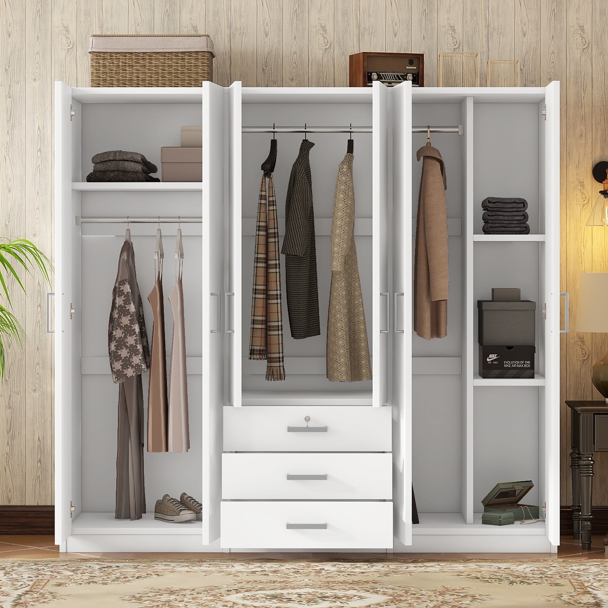 6-Doors Wooden Wardrobe Storage for Bedroom, with Big Drawers